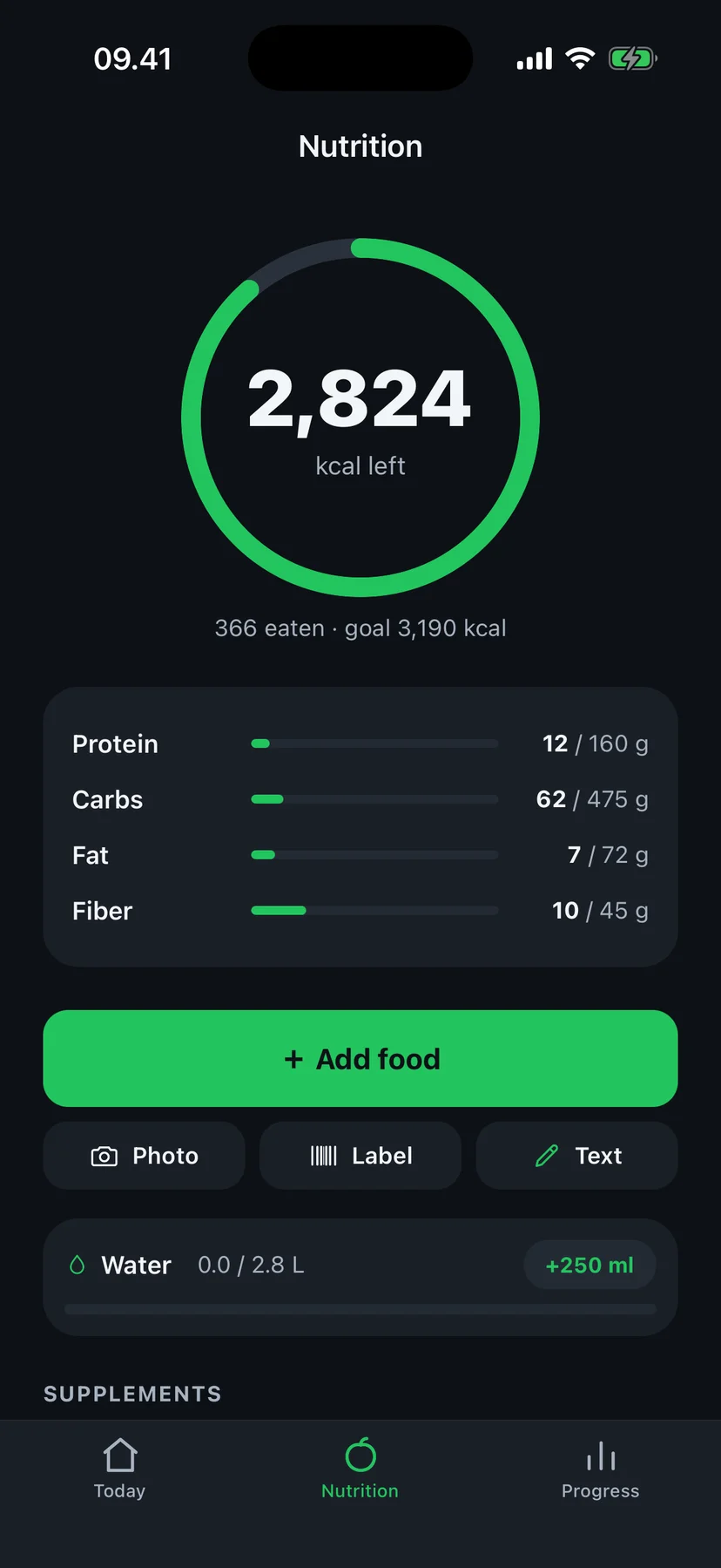 Fit4i-Ernährungsscreen: noch 2.824 kcal vom Tagesziel 3.190 kcal mit Balken für Protein, Kohlenhydrate, Fett und Ballaststoffe, Wasser-Tracking und Supplementen